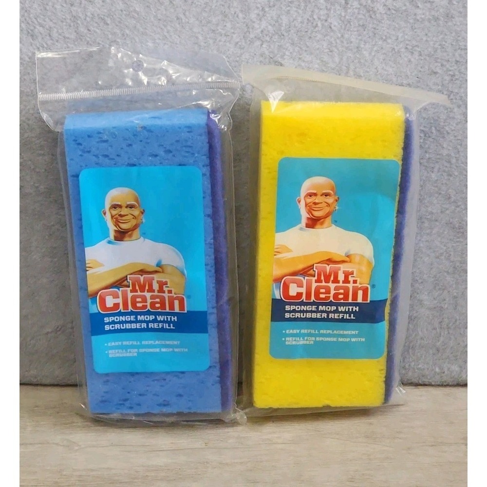 Mr. Clean Sponge Mop with Scrubber Refill Replacements Blue Yellow New Sealed
